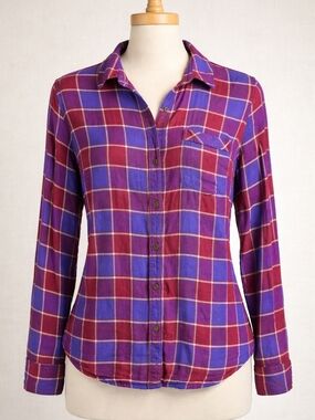 Lucky Brand Plaid Button Up Shirt Small Blue Red Viscose Boho Western Back Butto